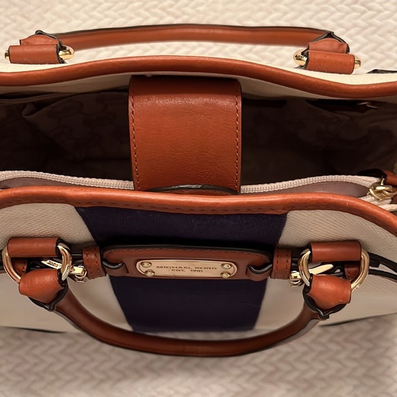 Michael Kors Hamilton Bag Large Blue Stripe Satchel Creme Leather Trim - Picture 8 of 13